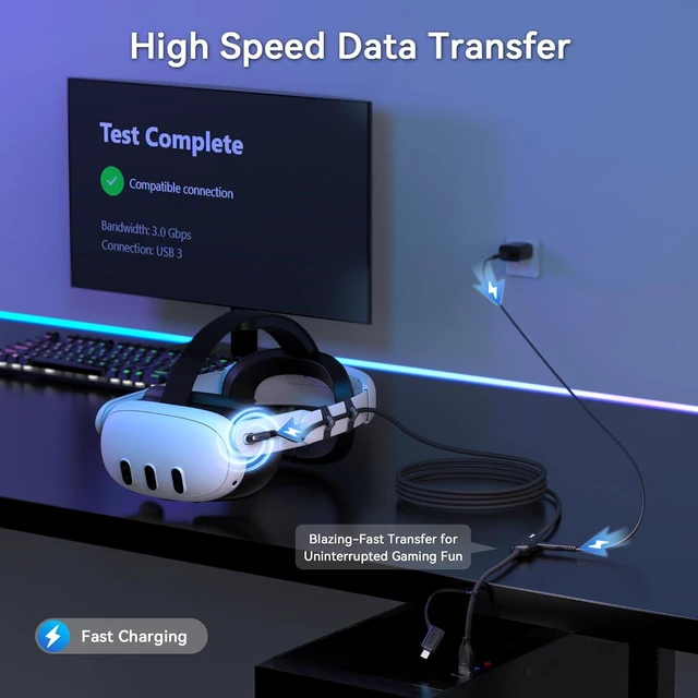 Alt view image 4 of 7 - VR Link Cable with Charging 16FT/5M USB 3.0 A to C Adapter 5Gbps High-Speed Data Transfer Nylon Braided Cable 36W Charging Port L-Shaped USB-C Connector Play While Charging PC VR Gaming Accessory