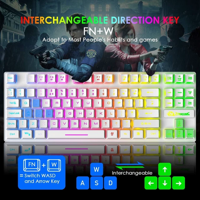 Alt view image 4 of 7 - USB Wired Gaming Keyboard and Mouse Combo 88-Key Compact Mechanical Feel Keyboard with Rainbow Backlight 6400 DPI RGB Backlit Lightweight Honeycomb Shell Gaming Mouse for Windows PC Gamers White