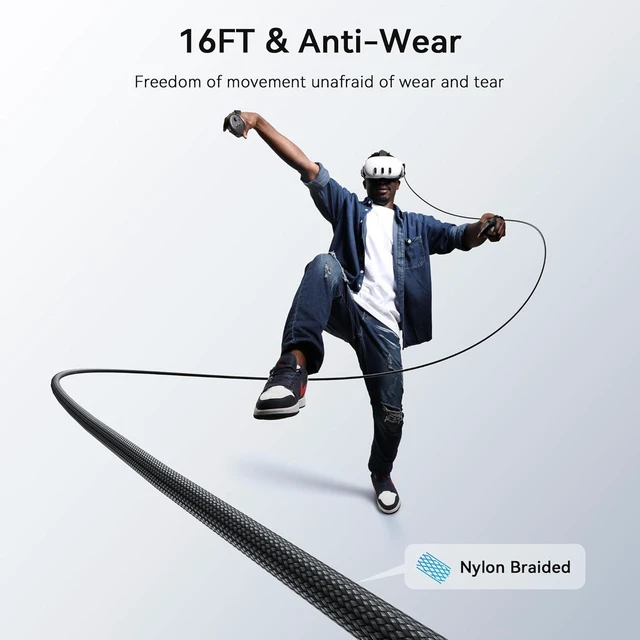 Alt view image 7 of 7 - VR Link Cable with Charging 16FT/5M USB 3.0 A to C Adapter 5Gbps High-Speed Data Transfer Nylon Braided Cable 36W Charging Port L-Shaped USB-C Connector Play While Charging PC VR Gaming Accessory