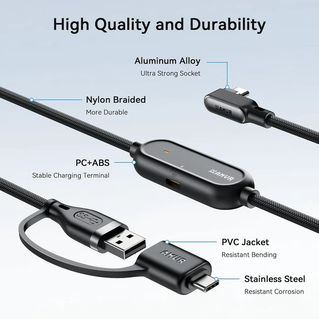 Alt view image 6 of 7 - VR Link Cable with Charging 16FT/5M USB 3.0 A to C Adapter 5Gbps High-Speed Data Transfer Nylon Braided Cable 36W Charging Port L-Shaped USB-C Connector Play While Charging PC VR Gaming Accessory