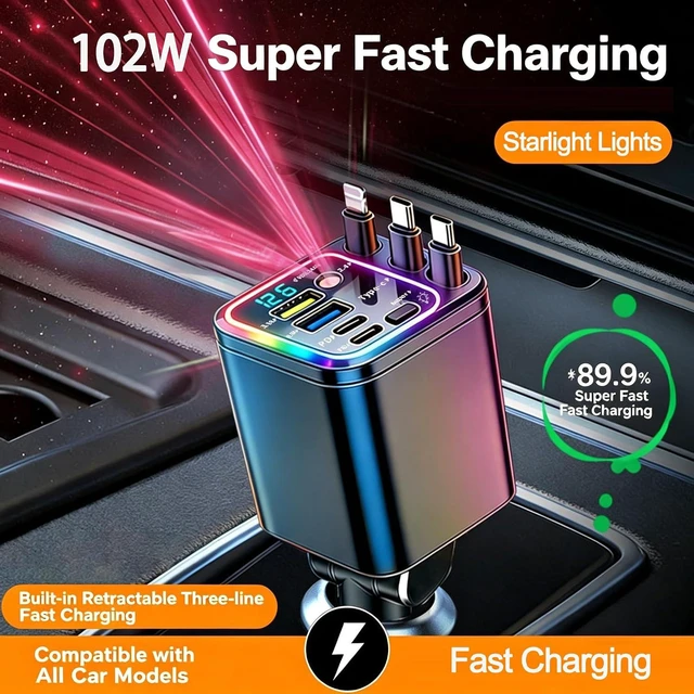 Alt view image 2 of 7 - 7 in 1 102W Fast Charging Retractable Car Charger with Star Lights and Voltage Smart Display 3 Retractable Cables 2 USB-A + 2 USB-C Ports 60 cm Cable Range for iPhone and Galaxy Android Phones