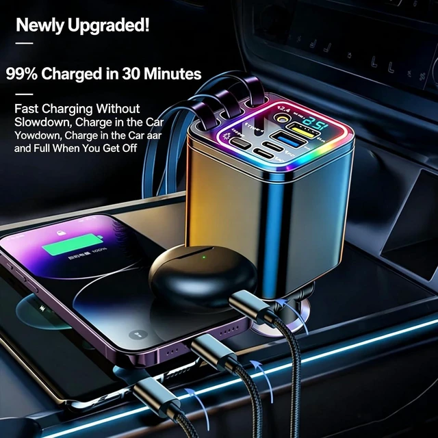 Alt view image 3 of 7 - 7 in 1 102W Fast Charging Retractable Car Charger with Star Lights and Voltage Smart Display 3 Retractable Cables 2 USB-A + 2 USB-C Ports 60 cm Cable Range for iPhone and Galaxy Android Phones