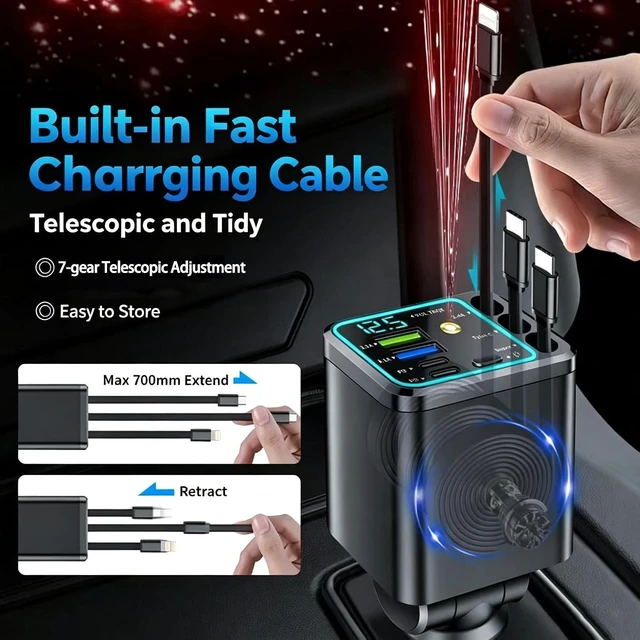 Alt view image 5 of 7 - 7 in 1 102W Fast Charging Retractable Car Charger with Star Lights and Voltage Smart Display 3 Retractable Cables 2 USB-A + 2 USB-C Ports 60 cm Cable Range for iPhone and Galaxy Android Phones