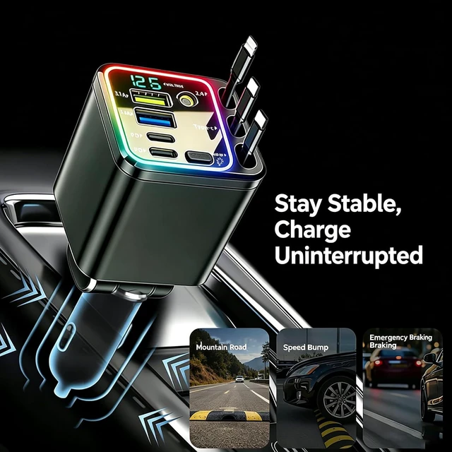 Alt view image 7 of 7 - 7 in 1 102W Fast Charging Retractable Car Charger with Star Lights and Voltage Smart Display 3 Retractable Cables 2 USB-A + 2 USB-C Ports 60 cm Cable Range for iPhone and Galaxy Android Phones