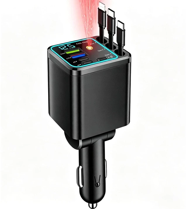 Main image of 7 in 1 102W Fast Charging Retractable Car Charger with Star Lights and Voltage Smart Display 3 Retractable Cables 2 USB-A + 2 USB-C Ports 60 cm Cable Range for iPhone and Galaxy Android Phones