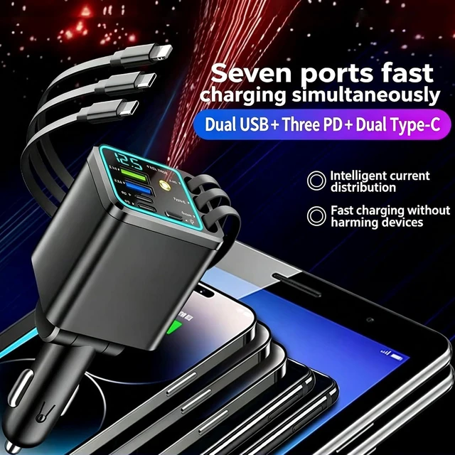 Alt view image 4 of 7 - 7 in 1 102W Fast Charging Retractable Car Charger with Star Lights and Voltage Smart Display 3 Retractable Cables 2 USB-A + 2 USB-C Ports 60 cm Cable Range for iPhone and Galaxy Android Phones