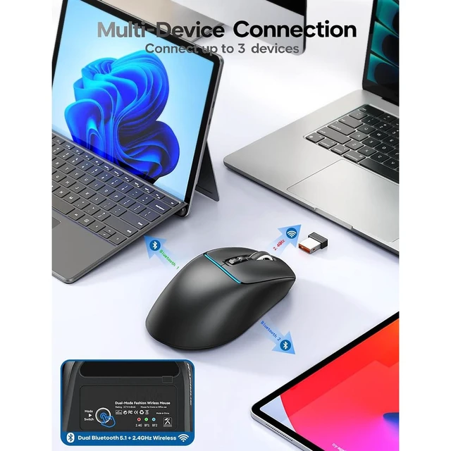 Alt view image 2 of 7 - R108 Wireless Mouse Dual Bluetooth 2.4GHz USB Receiver 4 DPI Levels 1000-3200dpi Type-C Rechargeable Silent Click Ergonomic Right-Hand Computer Mouse for Windows MacBook iPad Linux Black