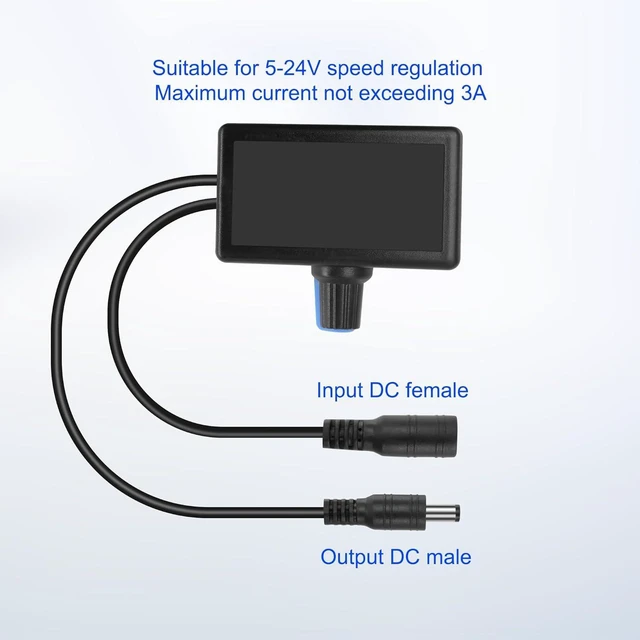 Alt view image 4 of 7 - 5-24V 3A DC Motor Speed Controller PWM Fan Speed Regulator Module with DC5521 5.5mmx2.1mm Female Input and Male Output Knob for Fans Water Pumps