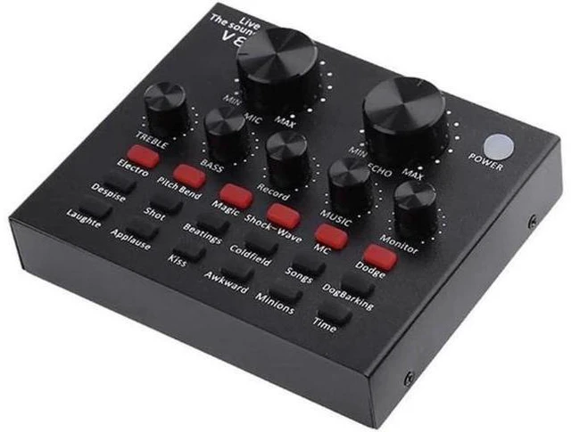 Main image of V8 USB External Sound Card Live Broadcast Audio Mixer with Bluetooth 112 Electric Sounds 18 Sound Effects 6 Effect Modes Headset Microphone Sound Card for Phone Computer PC Black 125x105x25mm