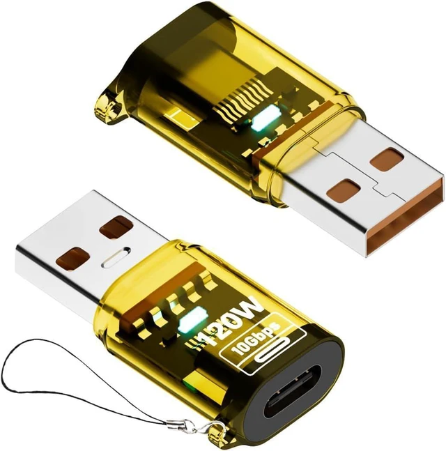 Main image of USB-C to USB-A Adapter Type-C Male to USB-A Female Adapter USB 3.2 Gen 2 10Gbps Data Transfer OTG Adapter 120W PD Fast Charging with LED Transparent Yellow Case for Laptop Phone Tablet PC 2 Pack