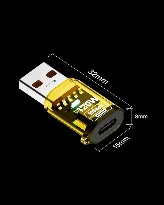 Alt view image 4 of 6 - USB-C to USB-A Adapter Type-C Male to USB-A Female Adapter USB 3.2 Gen 2 10Gbps Data Transfer OTG Adapter 120W PD Fast Charging with LED Transparent Yellow Case for Laptop Phone Tablet PC 2 Pack