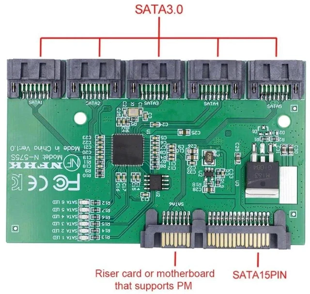 Alt view image 2 of 6 - JMB575 SATA 3.0 1 to 5 Port Multiplier Hub 6Gbps SATA PM Splitter Adapter for HDD & SSD Internal Multi Drive Storage Expansion Controller for PC NAS Storage Chassis with Independent SATA Ports