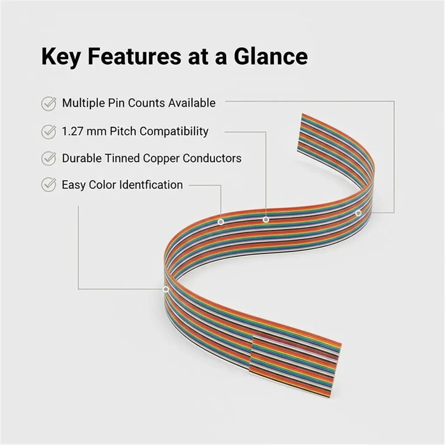 Alt view image 2 of 7 - 16P Dupont Jumper Ribbon Cable IDC Flat Ribbon Wire for Breadboard Projects 1.27 mm Pitch 300V Tinned Copper Conductors 2.54 mm Connector Compatible Multicolored 1M/3.3Ft 3 Pack