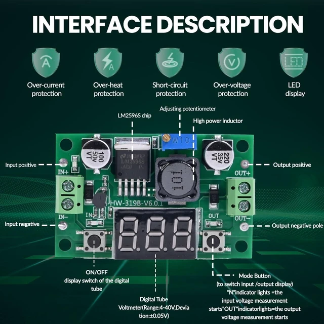 Alt view image 2 of 7 - LM2596 Adjustable Step-Down Voltage Regulator Module 4.0-40V DC Input to 1.25-37V DC Output 2A Power Supply Converter with LED Voltmeter Display and Terminal Blocks for DIY Mobile Power Supplies