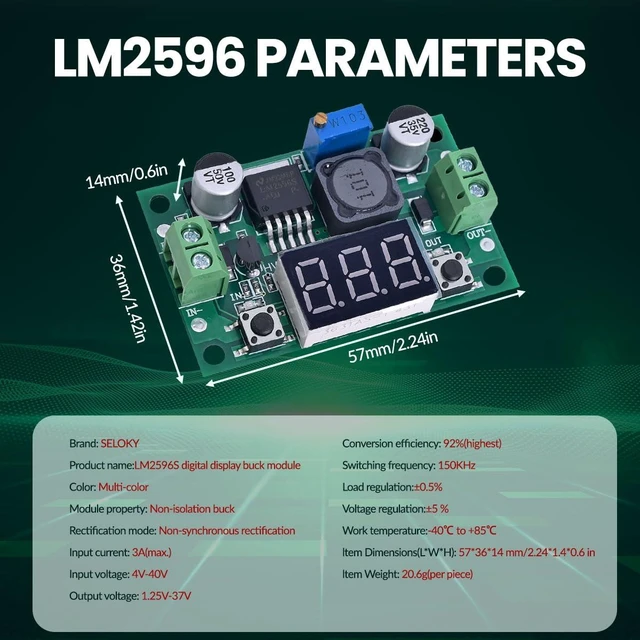 Alt view image 4 of 7 - LM2596 Adjustable Step-Down Voltage Regulator Module 4.0-40V DC Input to 1.25-37V DC Output 2A Power Supply Converter with LED Voltmeter Display and Terminal Blocks for DIY Mobile Power Supplies