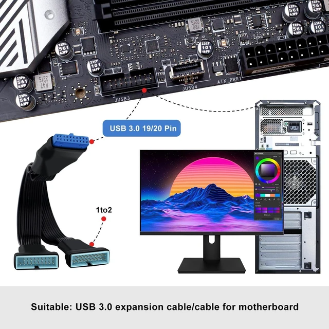 Alt view image 6 of 6 - USB 3.0 19/20 Pin Motherboard Header Splitter Cable 1 to 2 Internal USB Extension Adapter Female to 2 Male 26 AWG Tin-Coated Copper Wire Mini Design 6 inch