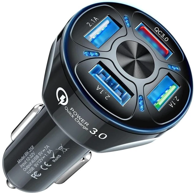 Main image of 4-Port USB Car Charger 35W QC 3.0 Fast Charging 12-32V Input 5V-7A Output 4 USB Ports Blue LED Cigarette Lighter ABS Adapter for Android iOS and Samsung Devices 1.6 in Width 2.85 in Height