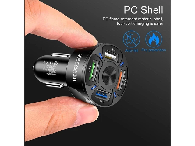 Alt view image 3 of 7 - 4-Port USB Car Charger 35W QC 3.0 Fast Charging 12-32V Input 5V-7A Output 4 USB Ports Blue LED Cigarette Lighter ABS Adapter for Android iOS and Samsung Devices 1.6 in Width 2.85 in Height