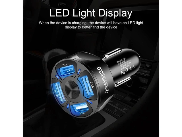 Alt view image 5 of 7 - 4-Port USB Car Charger 35W QC 3.0 Fast Charging 12-32V Input 5V-7A Output 4 USB Ports Blue LED Cigarette Lighter ABS Adapter for Android iOS and Samsung Devices 1.6 in Width 2.85 in Height