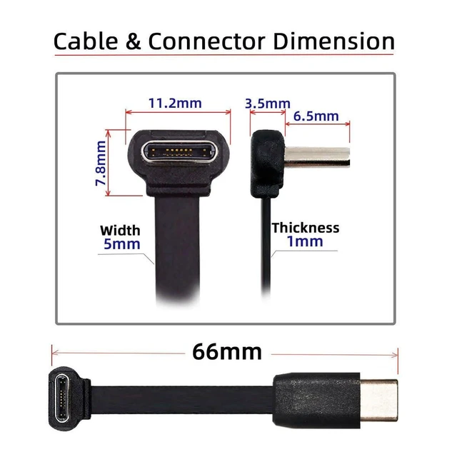 Alt view image 2 of 7 - USB-C to USB-C 90 Degree Up Down Angled Charging Cable Ultra Slim Flat USB 2.0 Data Sync Cord 65W 3.25A Fast Charge 480Mbps Reversible Type-C Connector for Laptop Tablet Phone 66mm Approx