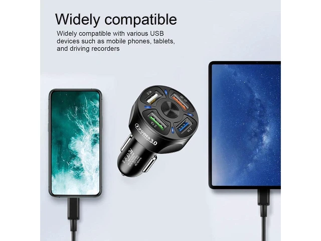 Alt view image 6 of 7 - 4-Port USB Car Charger 35W QC 3.0 Fast Charging 12-32V Input 5V-7A Output 4 USB Ports Blue LED Cigarette Lighter ABS Adapter for Android iOS and Samsung Devices 1.6 in Width 2.85 in Height