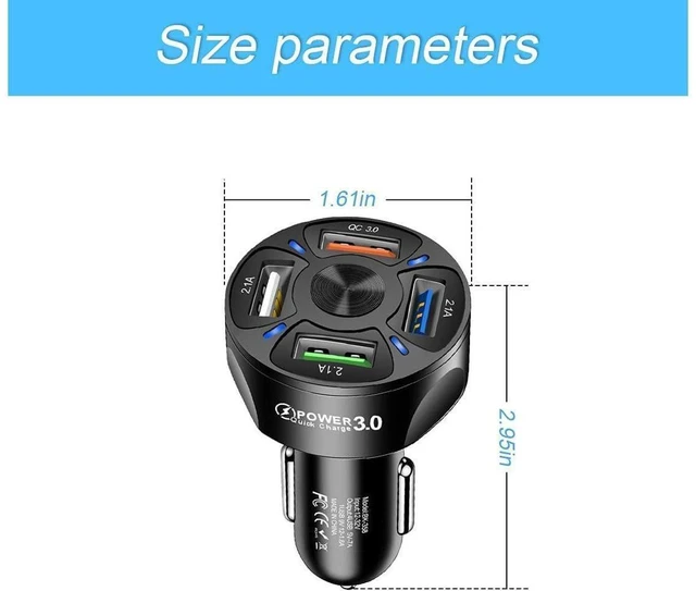 Alt view image 7 of 7 - 4-Port USB Car Charger 35W QC 3.0 Fast Charging 12-32V Input 5V-7A Output 4 USB Ports Blue LED Cigarette Lighter ABS Adapter for Android iOS and Samsung Devices 1.6 in Width 2.85 in Height