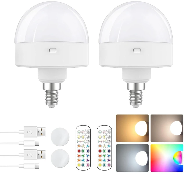 Main image of Rechargeable E12 LED Light Bulb Wireless Battery Operated Puck Light for Wall Sconce with Remote Control Timer 15 Colors 10-100% Dimmable Magnetic Detachable Base Type-C Charging Non-Hardwired