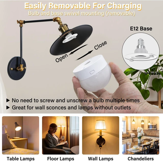 Alt view image 4 of 7 - Rechargeable E12 LED Light Bulb Wireless Battery Operated Puck Light for Wall Sconce with Remote Control Timer 15 Colors 10-100% Dimmable Magnetic Detachable Base Type-C Charging Non-Hardwired