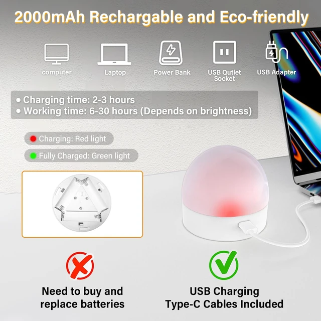 Alt view image 6 of 7 - Rechargeable E12 LED Light Bulb Wireless Battery Operated Puck Light for Wall Sconce with Remote Control Timer 15 Colors 10-100% Dimmable Magnetic Detachable Base Type-C Charging Non-Hardwired