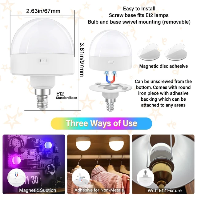 Alt view image 5 of 7 - Rechargeable E12 LED Light Bulb Wireless Battery Operated Puck Light for Wall Sconce with Remote Control Timer 15 Colors 10-100% Dimmable Magnetic Detachable Base Type-C Charging Non-Hardwired