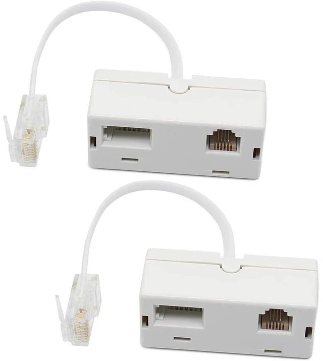 Main image of RJ45 to BT RJ11 Telephone Adapter 2 Way Female to Male Splitter Converter Ethernet Cable Phone Line Connector Male RJ45 8P8C Female BT 6P4C RJ11 6P4C White 6.29 inch/16cm Cable Length 2 Pack