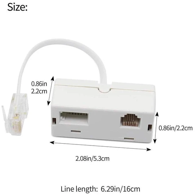 Alt view image 2 of 7 - RJ45 to BT RJ11 Telephone Adapter 2 Way Female to Male Splitter Converter Ethernet Cable Phone Line Connector Male RJ45 8P8C Female BT 6P4C RJ11 6P4C White 6.29 inch/16cm Cable Length 2 Pack