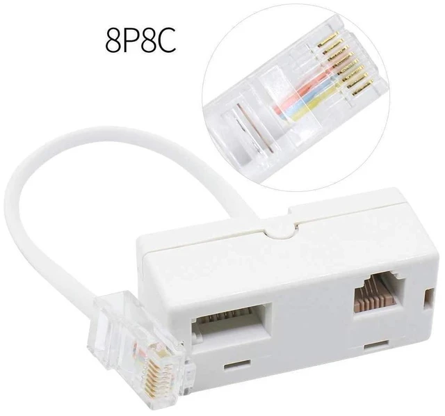 Alt view image 4 of 7 - RJ45 to BT RJ11 Telephone Adapter 2 Way Female to Male Splitter Converter Ethernet Cable Phone Line Connector Male RJ45 8P8C Female BT 6P4C RJ11 6P4C White 6.29 inch/16cm Cable Length 2 Pack