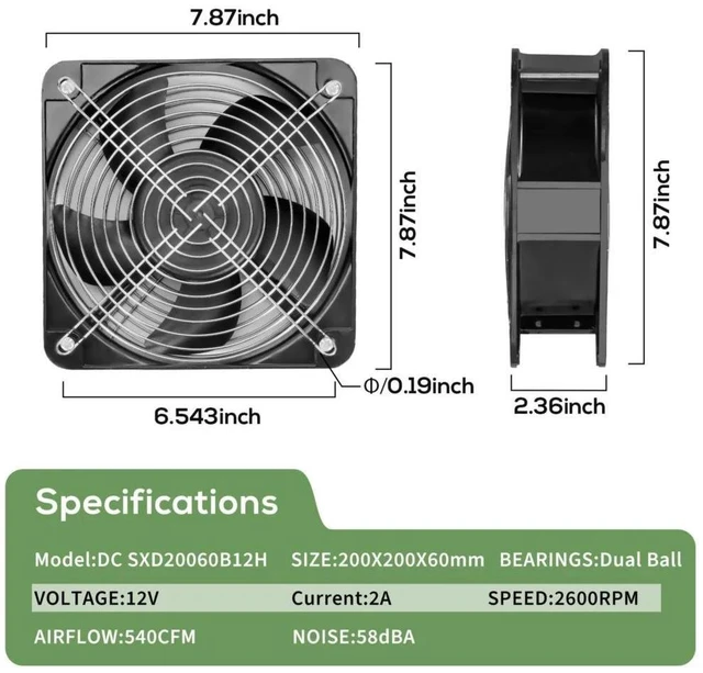 Alt view image 2 of 3 - 20060 DC 12V 540CFM High Air Flow DC Powered Fan for Vehicle Car EV Charger Station Industrial Cooling Fan Applications Large Size 200mm 20cm 200X60MM
