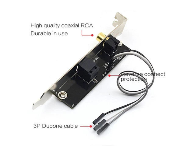 Alt view image 2 of 3 - 24-bit/192 kHz SPDIF Daughter Card with Optical Fiber and Coaxial Inputs Digital Sound Card Baffle DAC DTS Decoder with RCA Output for General Motherboards Black + White 121 x 19.9 x 18.6 mm