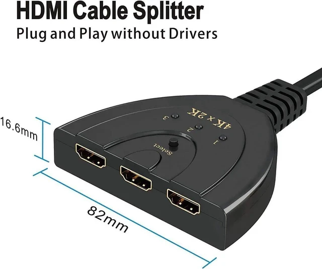 Alt view image 4 of 6 - 3-Port HDMI Switch 3x1 HDMI Selector 4K 30Hz 3840x2160P Full HD 1080P HDMI 1.4 3D Video and HD Audio Manual Switching for TV Projector Monitor with Fixed Pigtail Cable 1.8ft