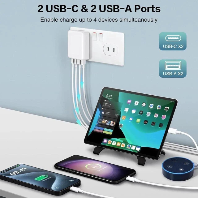 Alt view image 3 of 7 - 40W 4-Port USB-C Wall Charger Flat USB-C and USB-A Charging Block with Foldable Prongs Multiport Power Adapter 20W Max C1/C2 Ports for iPhone 17 Pro Max 16 16e 15 and Samsung S25 S24 1 Pack