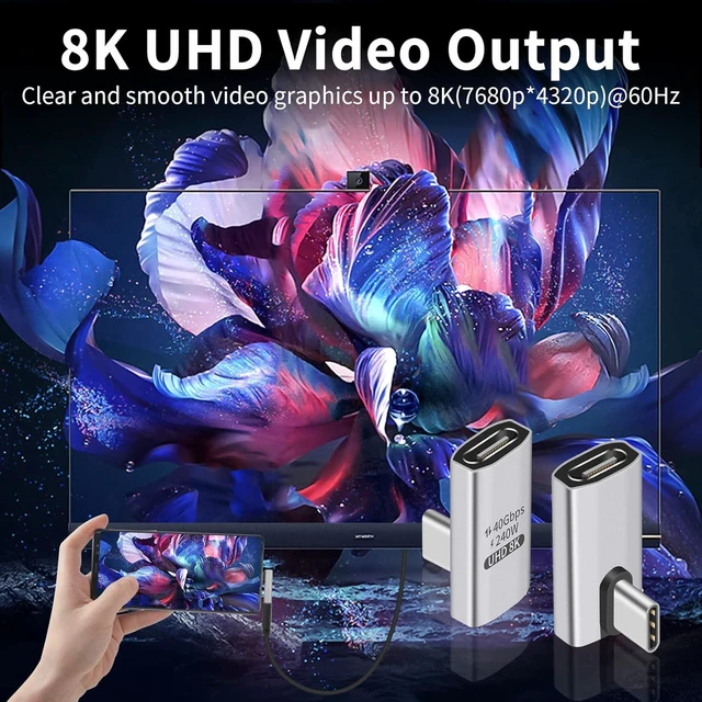 Alt view image 4 of 7 - USB C Right Angle Adapter 240W 40Gbps USB C to USB C Adapter with 8K@60Hz Video and Audio Output 90 Degree L-Shaped USB C Connector for Thunderbolt 4/3 and USB4 Cable Devices