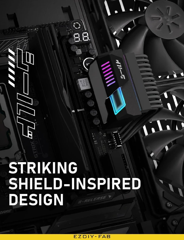 Alt view image 2 of 7 - 24-Pin ATX 90° Right Angle Power Adapter 5V 3-Pin ARGB Sync Motherboard Power Connector with Infinity Mirror Lighting Alloy Copper Terminals and Cable Management Black 1 Pack