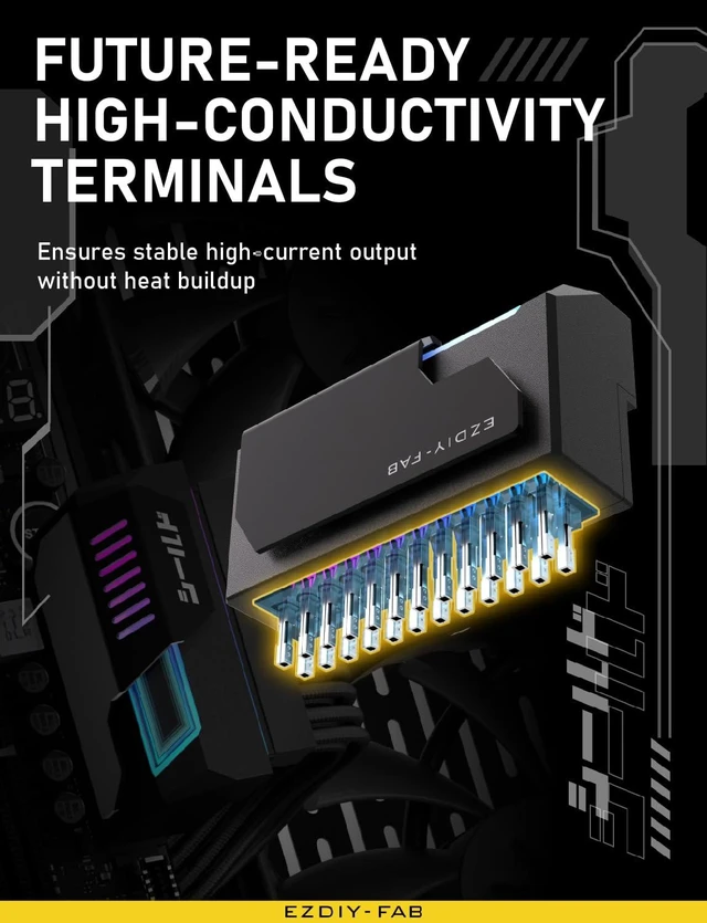 Alt view image 4 of 7 - 24-Pin ATX 90° Right Angle Power Adapter 5V 3-Pin ARGB Sync Motherboard Power Connector with Infinity Mirror Lighting Alloy Copper Terminals and Cable Management Black 1 Pack
