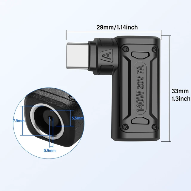 Alt view image 3 of 7 - DC7909 A 140W DC 7.9mm x 0.9mm Female 7.9mm x 5.5mm Input to USB Type C Male Power Charging Adapter PD Identification Chip DC to USB-C Charging Converter 15V-20.5V Input 5V/9V 2A 20V 7A Output