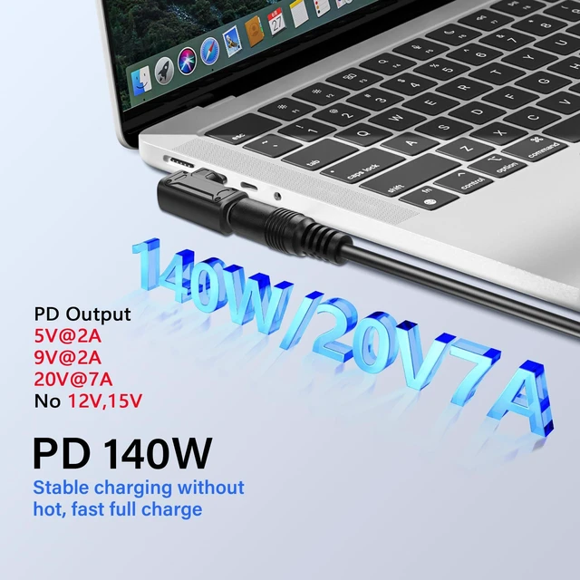 Alt view image 2 of 7 - DC7909 A 140W DC 7.9mm x 0.9mm Female 7.9mm x 5.5mm Input to USB Type C Male Power Charging Adapter PD Identification Chip DC to USB-C Charging Converter 15V-20.5V Input 5V/9V 2A 20V 7A Output