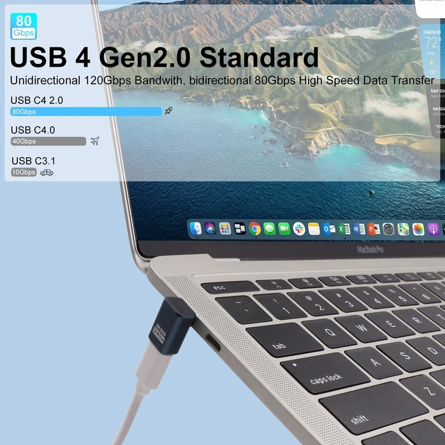 Alt view image 2 of 7 - USB C 90 Degree Adapter Type C Extender 80Gbps Bidirectional Data Transfer 240W PD 3.1 Fast Charging 8K@60Hz Video Thunderbolt 5/4 USB4 Support for iPhone 15 MacBook iPad E-Marker 2-Pack