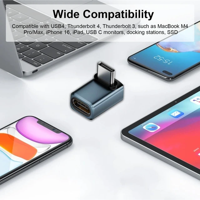 Alt view image 6 of 7 - USB C 90 Degree Adapter Type C Extender 80Gbps Bidirectional Data Transfer 240W PD 3.1 Fast Charging 8K@60Hz Video Thunderbolt 5/4 USB4 Support for iPhone 15 MacBook iPad E-Marker 2-Pack