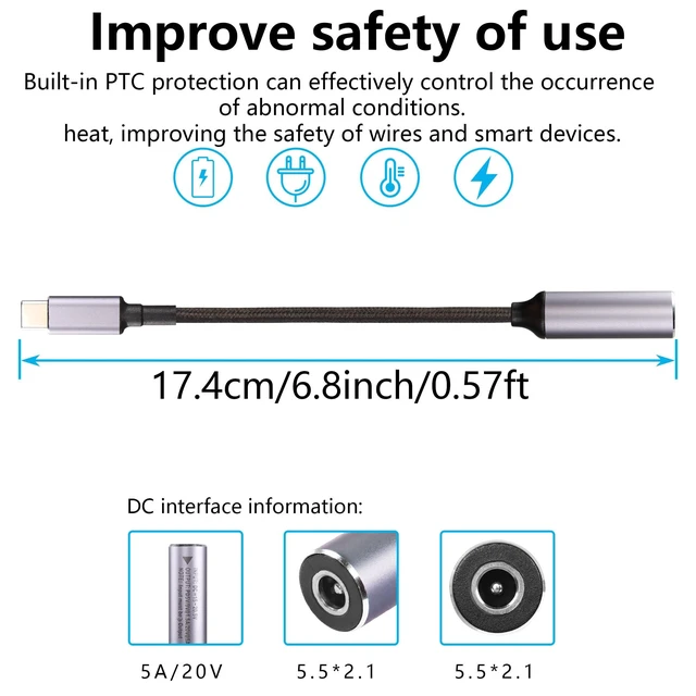Alt view image 3 of 7 - PD 100W USB Type C Male to DC5521 5.5mm x 2.1mm Female Power Charging Cable DC to USB C Laptop Charger Adapter Automatic Identification Chip 15V-20.5V Input 20V 5A Output 6.8in