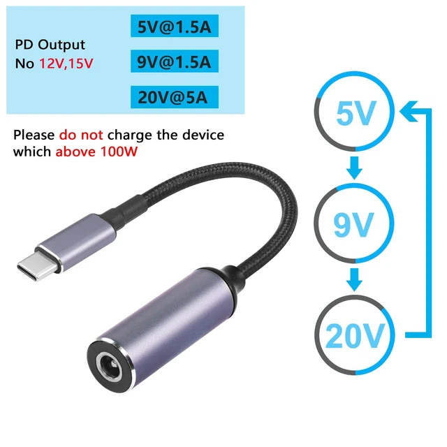Alt view image 5 of 7 - PD 100W USB Type C Male to DC5521 5.5mm x 2.1mm Female Power Charging Cable DC to USB C Laptop Charger Adapter Automatic Identification Chip 15V-20.5V Input 20V 5A Output 6.8in