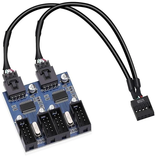 Main image of 4 in 1 Internal USB 2.0 Header Splitter Cable 9 Pin Male 1 to 4 Female Extension Adapter Motherboard USB Hub Connector PWM Fan Splitter Short Circuit Protection 3M Adhesive Mount 30cm/0.98ft