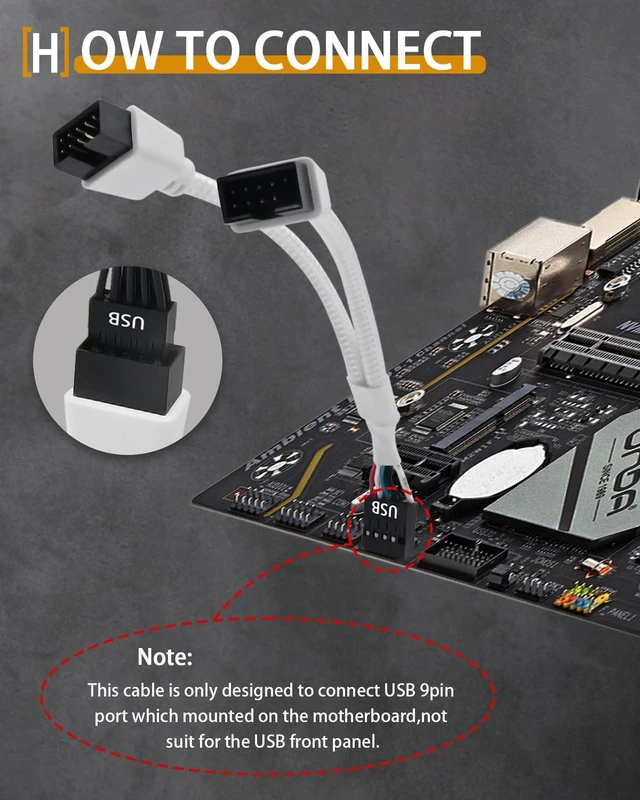 Alt view image 6 of 7 - USB 2.0 9-Pin Motherboard Header Splitter Cable Female to Dual 9-Pin Male Internal USB Extension Lead for PC Computer 480Mbps Data Transfer Sleeved White 6.3 in 16cm Pack of 2