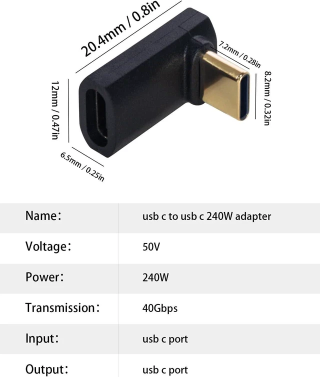 Alt view image 2 of 7 - USB-C Male to Female 90 Degree Right Angle Adapter 240W 40Gbps USB4 Type-C Extender Adapter with 8K@60Hz Video Reversible Connector for Thunderbolt 4 MacBook iPhone 15 Galaxy Devices 2 Pack