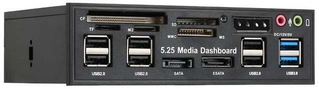 Main image of 5.25 Inch Internal Front Panel Media Dashboard with USB 3.0 Hub 5-in-1 Card Reader eSATA SATA Ports 2 USB 3.0 Ports 6 USB 2.0 Ports SD CF TF M2 MMC MS Front Audio Speaker Microphone Black